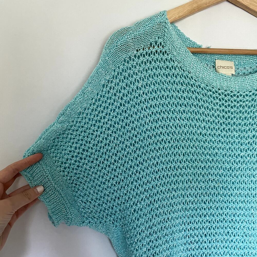 Chico's aqua blue knit top sheer holes y2k style women's size XL (Chicos size 3) - Picture 2 of 6